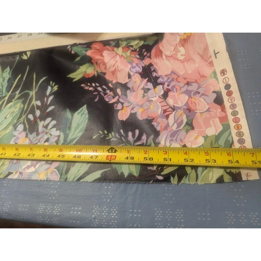 Vintage 1988 Wisteria Floral Chintz Fabric Black 3.2 Yards 54 Wide Teflon Finish